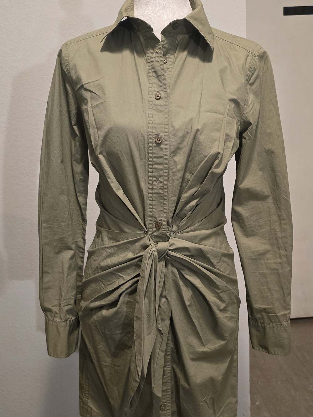 Moda International Olive Long-Sleeve Tie-Front Shirt Dress